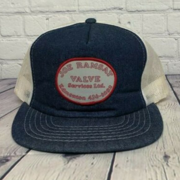 Vintage Hat Cap Snapback Blue White Denim Joe Ramsay Valve Trucker Mesh Item #1 - Picture 1 of 7